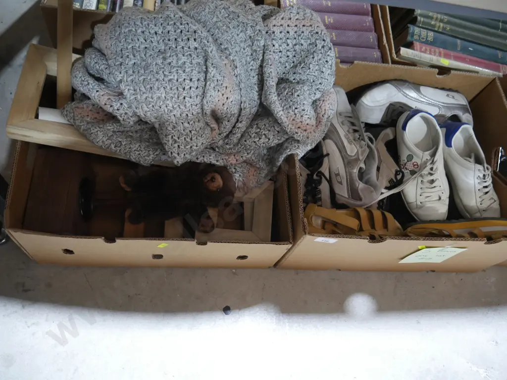3 boxes of shoes, wooden picture frames etc Image 1++