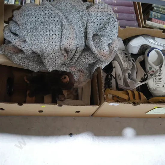 3 boxes of shoes, wooden picture frames etc