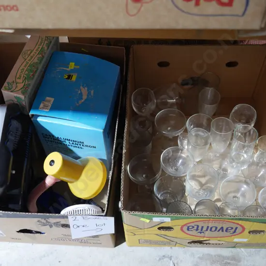 Two boxes of glassware, lamp etc