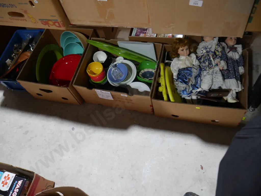 Four boxes of kitchenware, porcelain dolls etc Image 1++