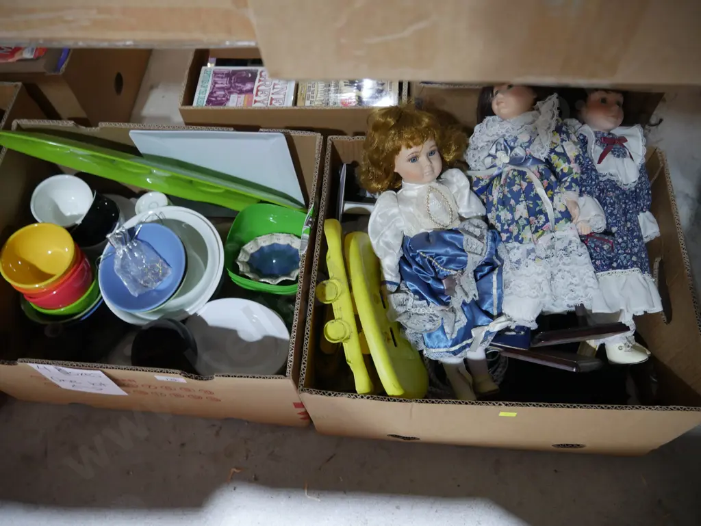 Four boxes of kitchenware, porcelain dolls etc Image 1++
