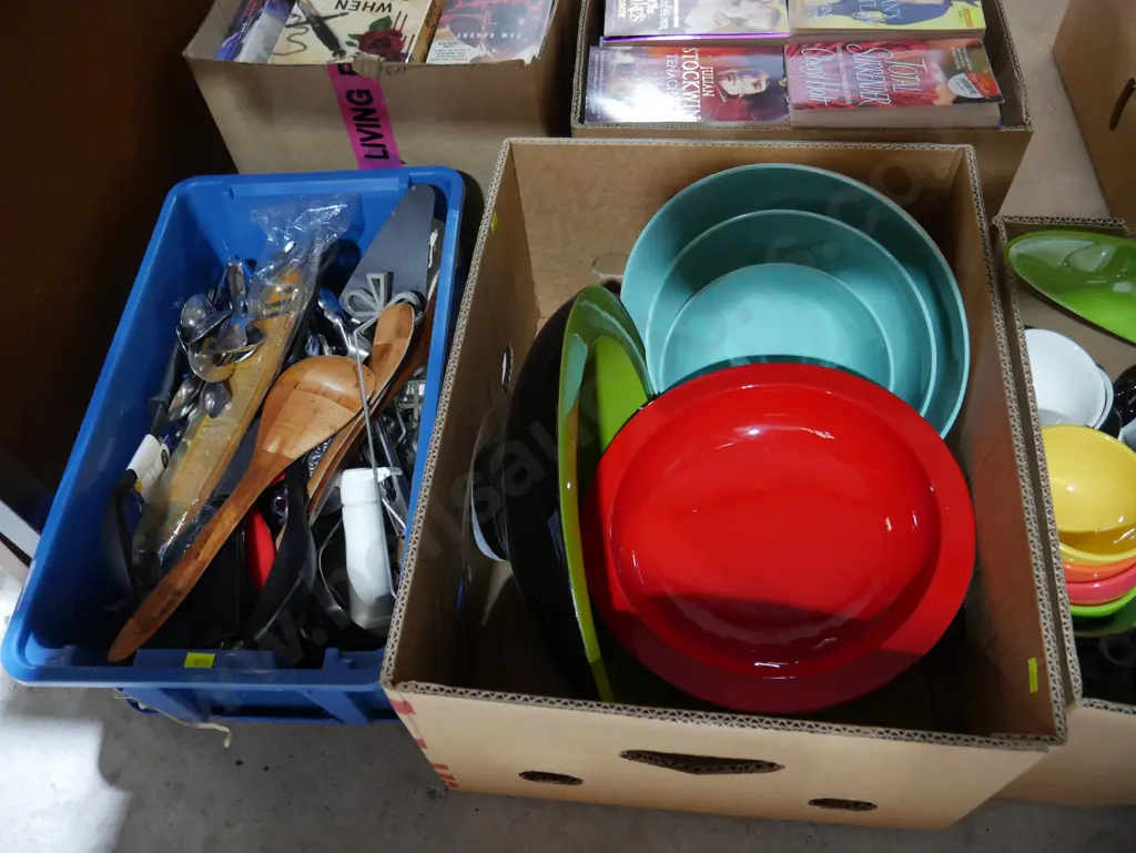 Four boxes of kitchenware, porcelain dolls etc Image 1++