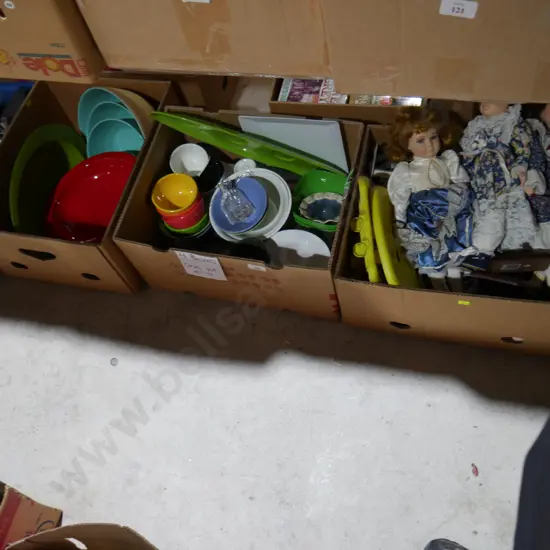 Four boxes of kitchenware, porcelain dolls etc