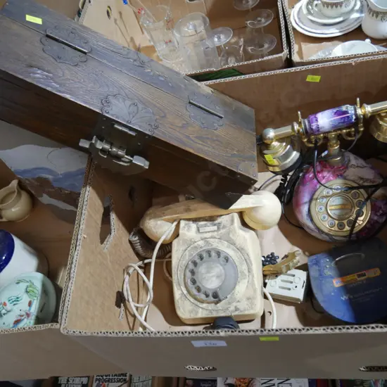 Wooden box, telephones etc