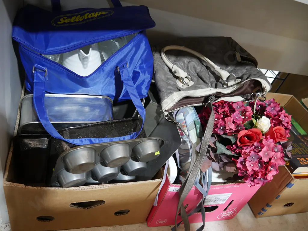 Two boxes of Muffin tins, glassware comma handbag etc Image 1++
