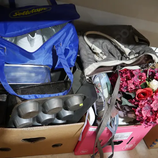 Two boxes of Muffin tins, glassware comma handbag etc