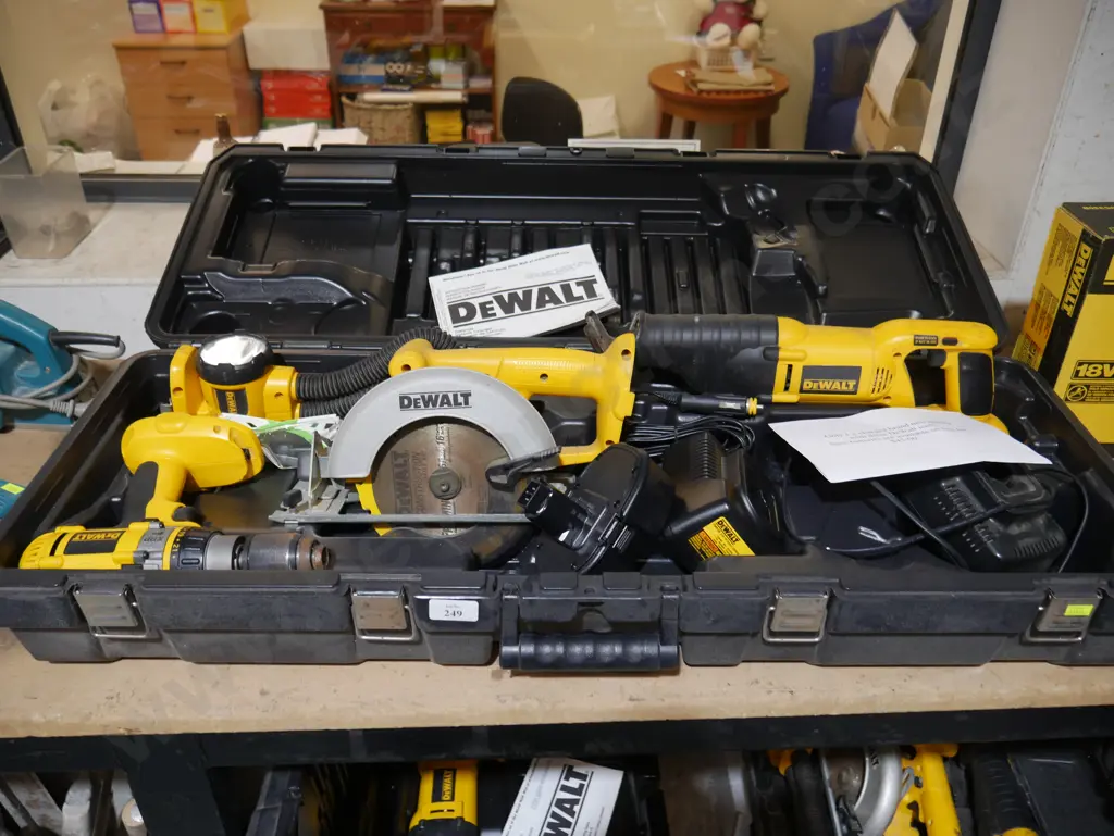 Assorted DEWALT power tools with battery and chargers Image 1++