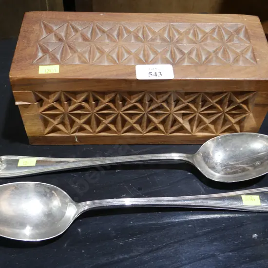 Wooden box, 2 large serving spoons
