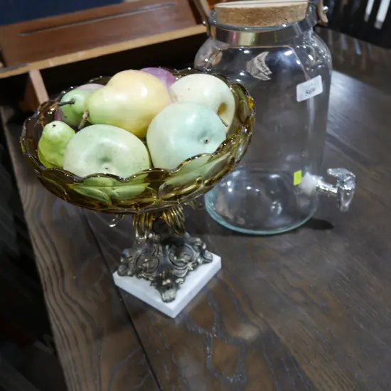 Artificial fruits in pedestal bowl etc