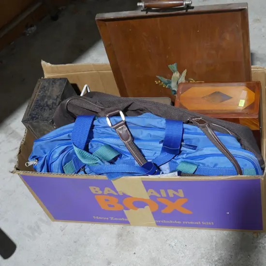 Wooden tray, bags etc
