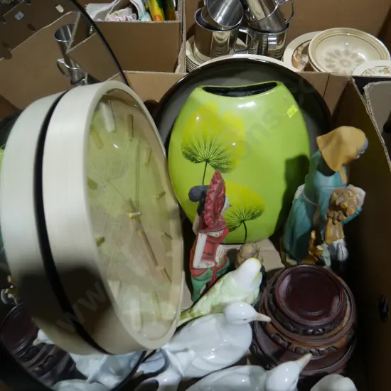 Clock, vase, figurines etc