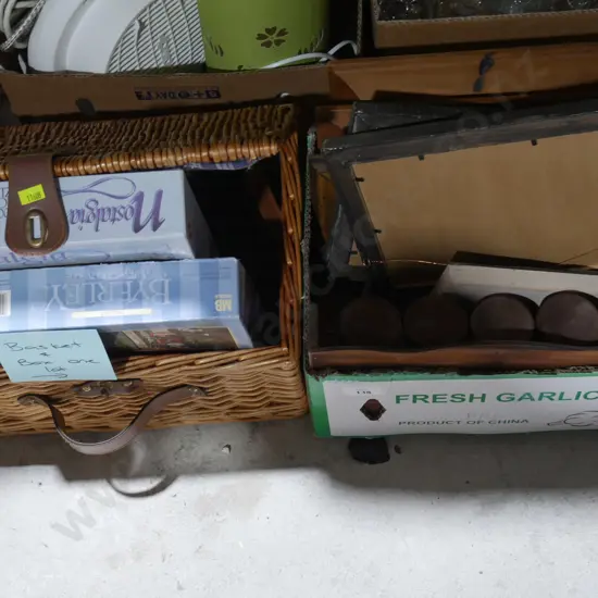 Cane basket, picture frames etc