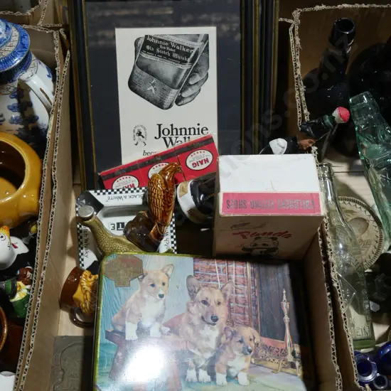 Tins, Beswick figurines whisky decanters etc