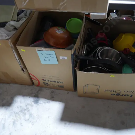 3 boxes of kitchen ware etc