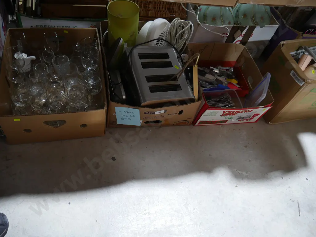 4 boxes of glassware, cutlery, handbags etc Image 1++