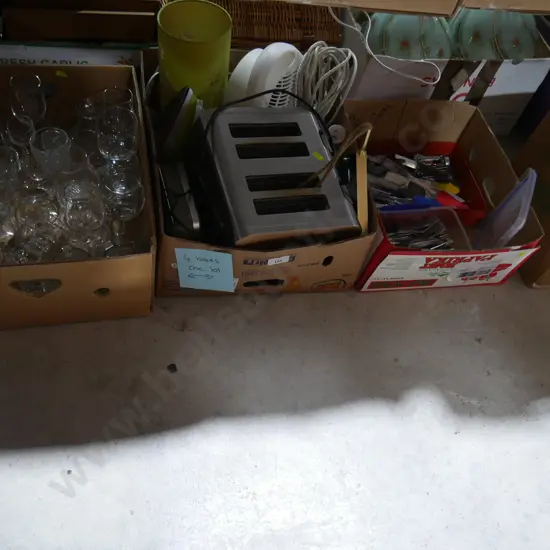 4 boxes of glassware, cutlery, handbags etc