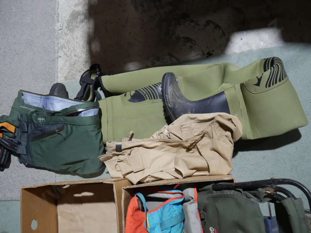 Two boxes of waders, life jacket etc Image 1++