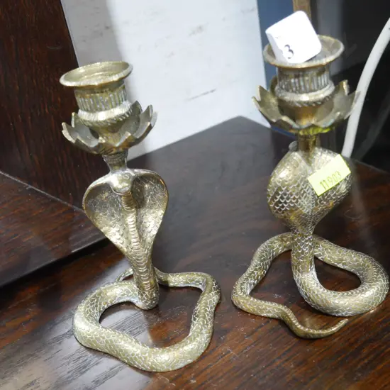 2 brass cobra candlestick holders