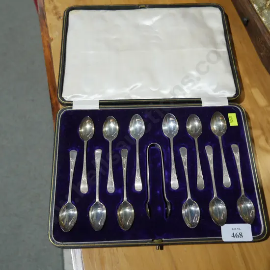 Sterling Silver cased teaspoons and sugar tong