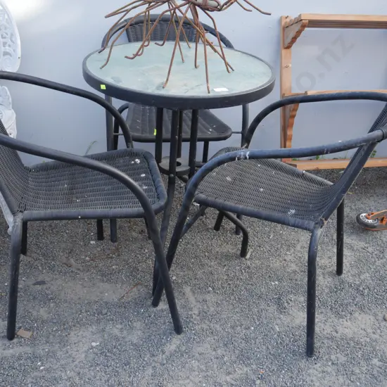 Black glass top outdoor table and 3 chairs