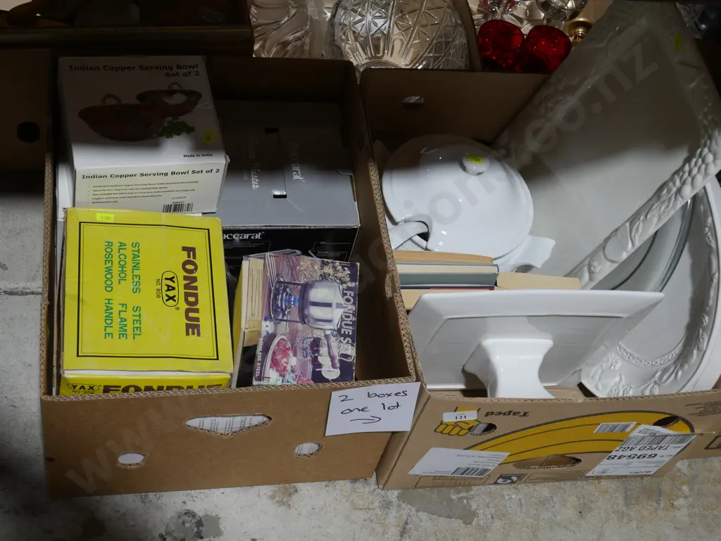 2 boxes kitchen ware, white serving ware etc Image 1++
