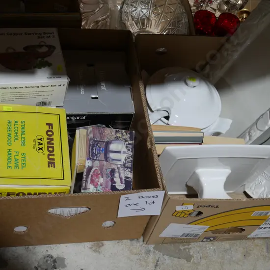 2 boxes kitchen ware, white serving ware etc