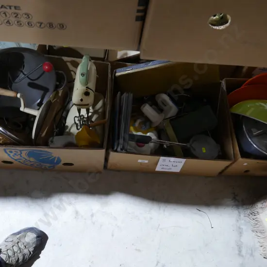 Three boxes of vintage kitchenware etc