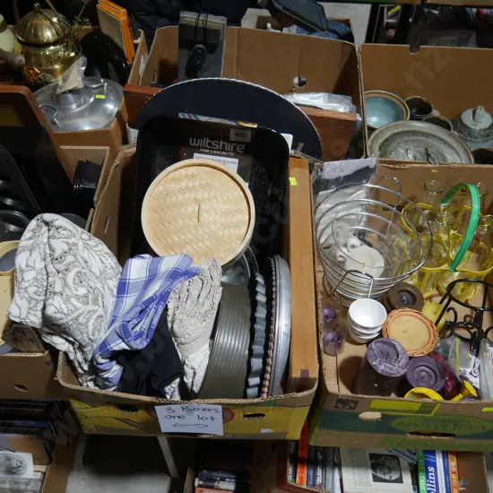 Three boxes of kitchenware etc