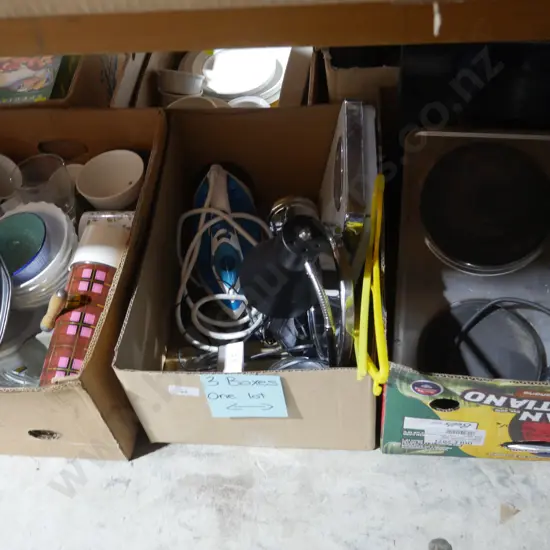 3 boxes of kitchenware, scale, steam iron etc