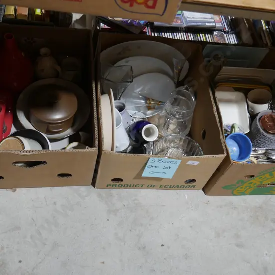 3 boxes of china, glassware, cutlery etc