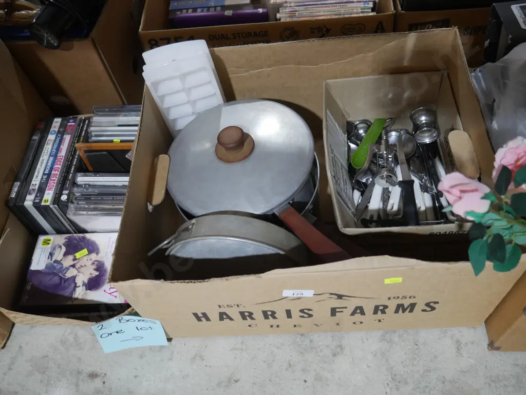 2 boxes of pots, cutlery, CDs and DVDs Image 1++