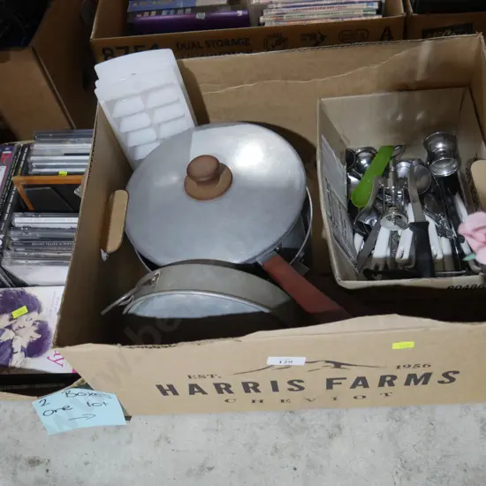 2 boxes of pots, cutlery, CDs and DVDs