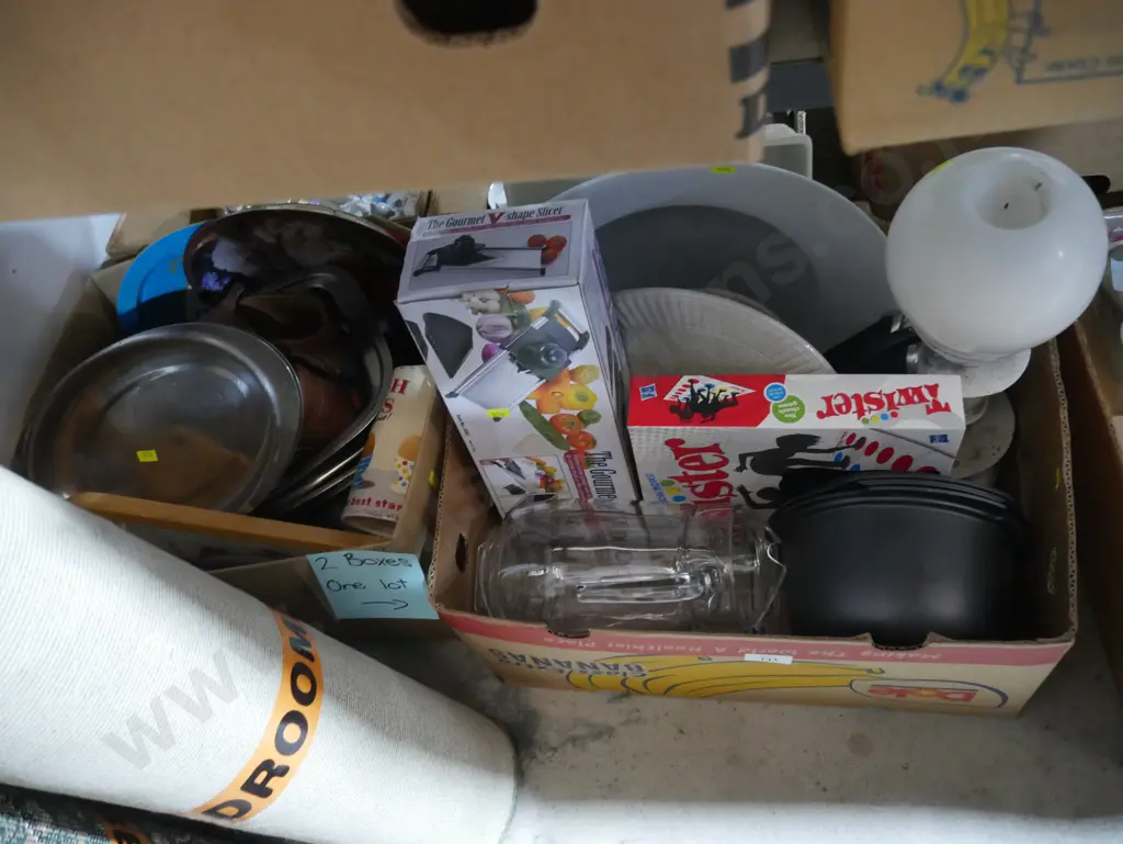 2 boxes of kitchenware, shoes etc Image 1++