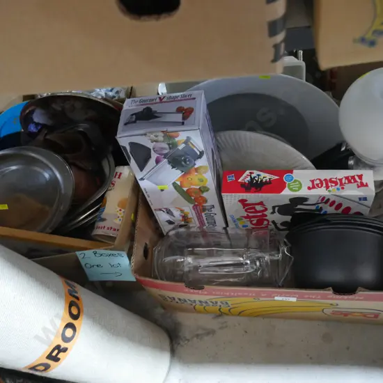 2 boxes of kitchenware, shoes etc