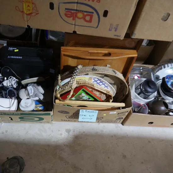 Three boxes of kitchenware, trays etc