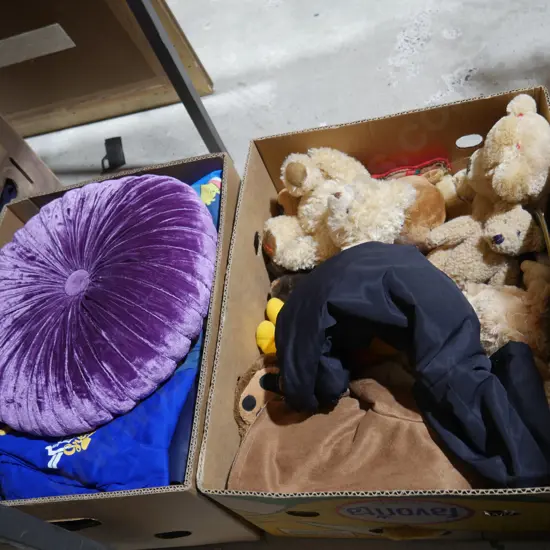 Two boxes of teddy bears, clothing