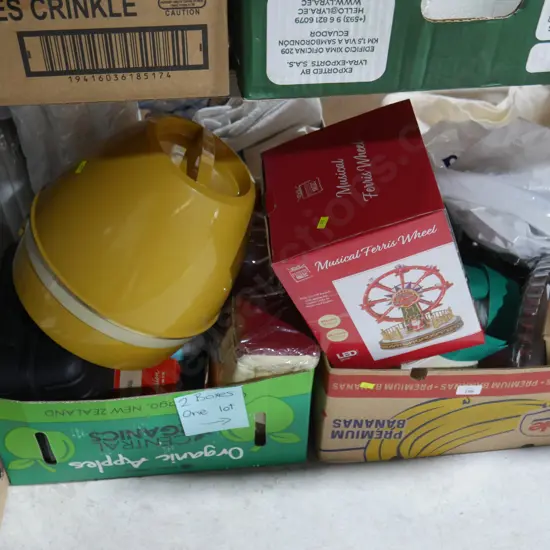Two boxes of kitchenware, hair dryer etc