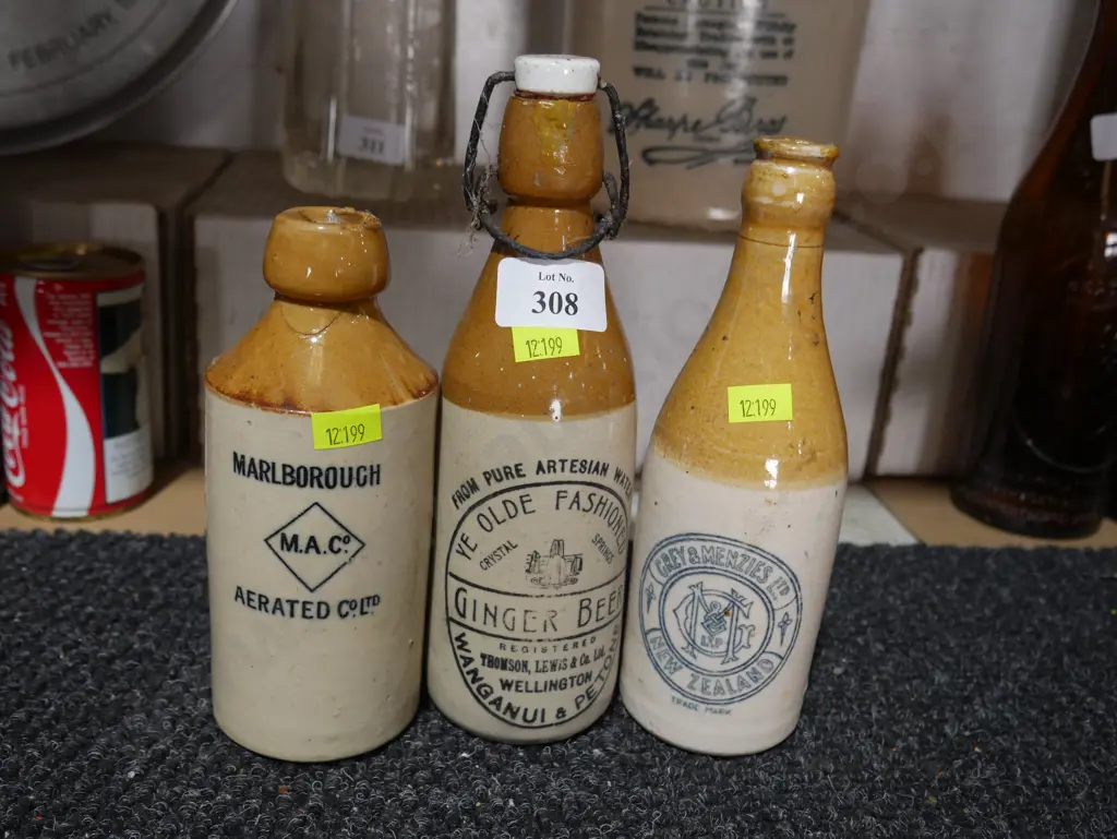 3 New Zealand stone ginger beer bottles, all A/F Image 1++