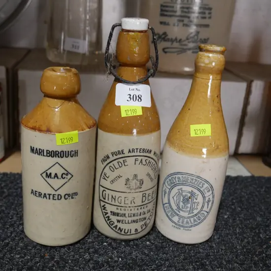 3 New Zealand stone ginger beer bottles, all A/F