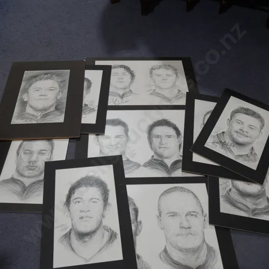 Assorted pencil sketches of rugby players