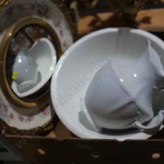 Wash bowl and jug, mirror