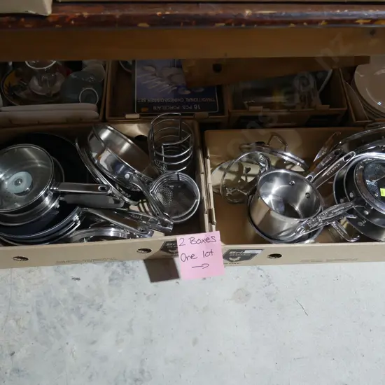 2 boxes of cooking pots and pans