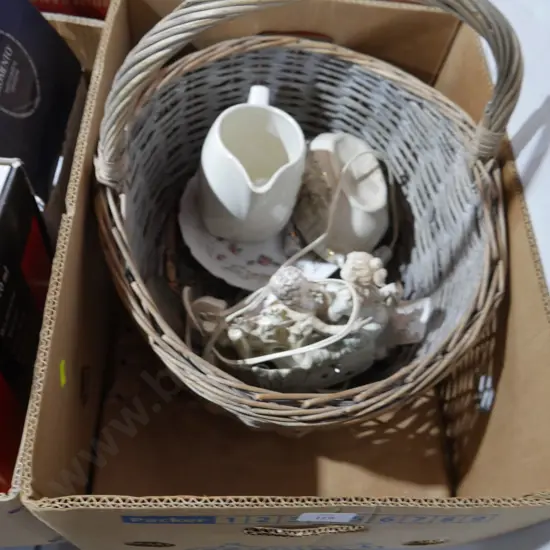 Cane basket, jug etc