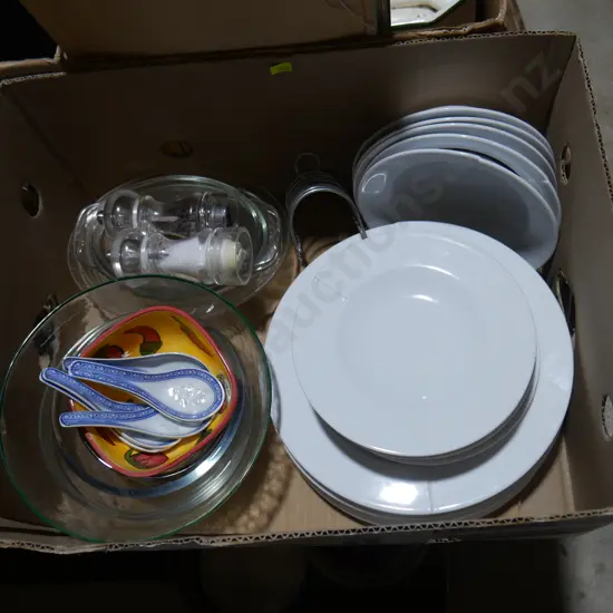 White dinnerware, glass bowls etc