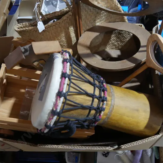 Assorted woodware, wicker bag