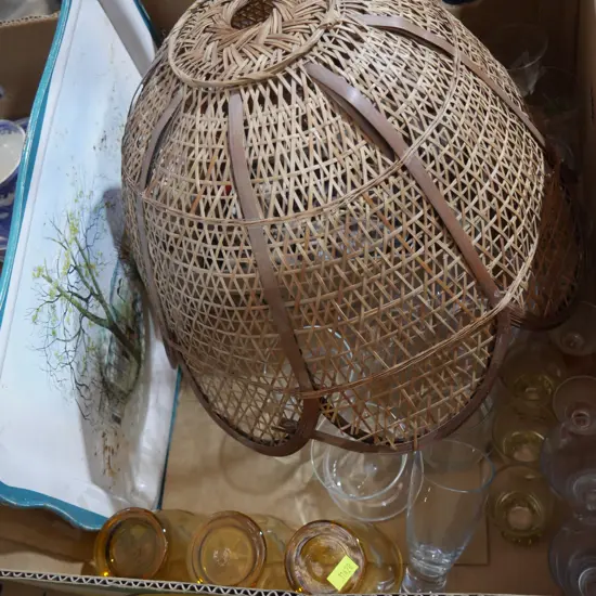 Wicker light shade, glassware, cutlery