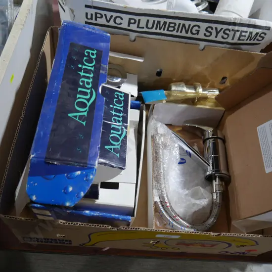Two boxes of plumbing items etc