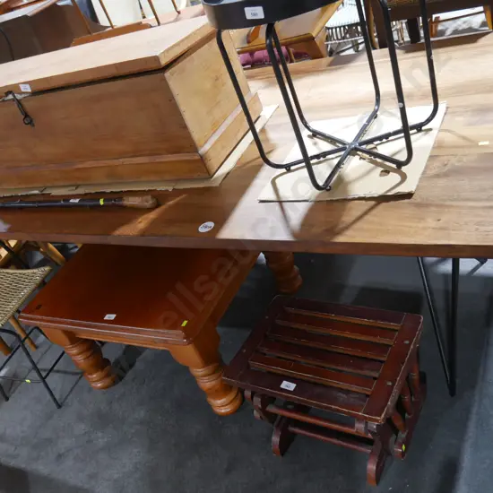 Large wood top dining table with metal base