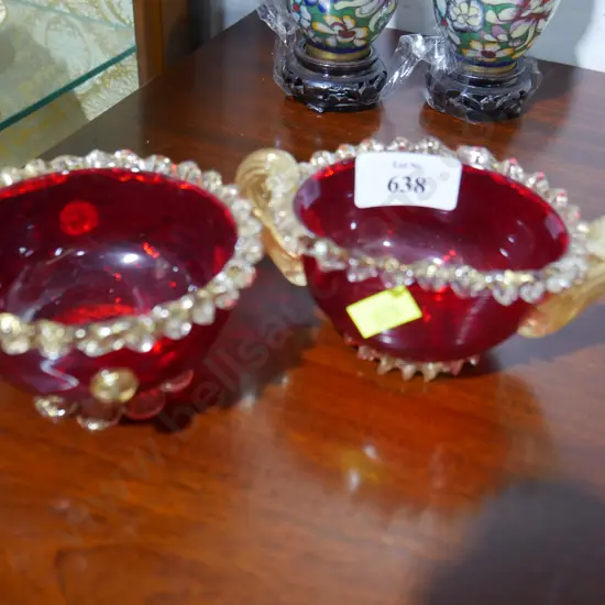 2 red glass dishes