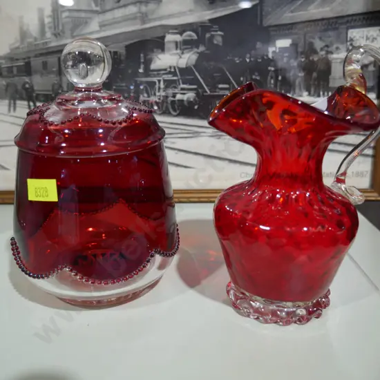 Red glass jug etc